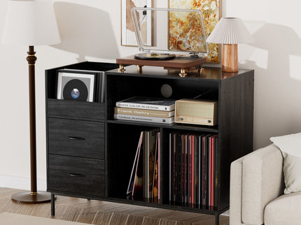 Eco-Friendly Vinyl Record Player Stand With Flip-Top Storage, Media Console With Dual Outlets And Dustproof Drawers