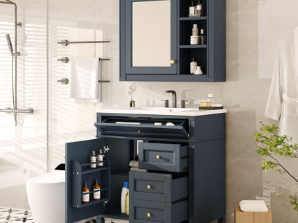Bathroom Vanity With Top Sink, 2 Doors And 3 Drawers, Freestanding Set With Mirror Cabinet