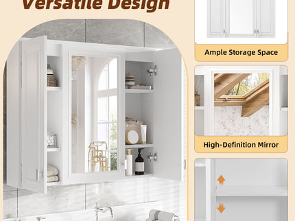Wall Mounted Mirror Cabinet With 5 Adjustable Shelves, Rectangular Storage For Bathroom - White