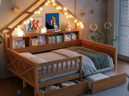 House Style Platform Bed With LED Lights, Storage Shelves, Drawers, And Guardrail