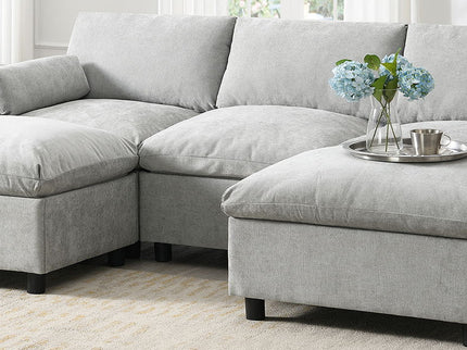 Modular Sectional With Storage Pockets, 5 Seat U Shaped Couch Set With Pillows, Free Combination Modern Cloud Sofa With 2 Movable Ottoman