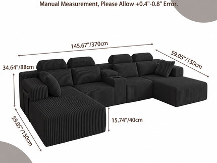 U-Shaped Sectional Sofa With Chaise Lounge And Cup Holders