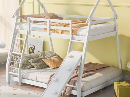Twin Over Queen House Bunk Bed With Climbing Nets And Climbing Ramp
