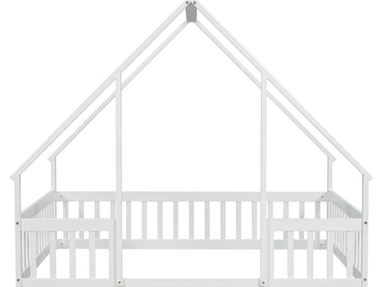 Wood House-Shaped Floor Bed With Fence, Guardrails