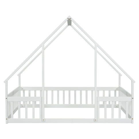 Wood House-Shaped Floor Bed With Fence, Guardrails