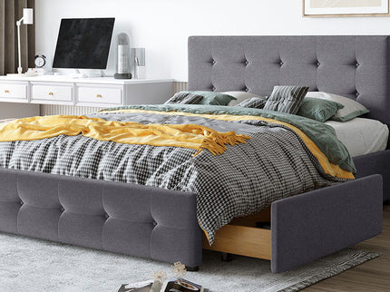 Upholstered Platform Bed With Classic Headboard And Drawers, No Box Spring Needed