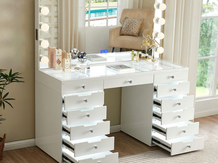 LED Lighted Makeup Vanity Desk With 16 Bulbs Mirror, 13 Drawers Dressing Table For Bedroom - Gloss White