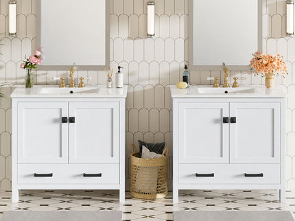 Bathroom Vanity With Sink, Soft Close Doors, Double Storage Shelves & Divided Drawer Ample Storage - White