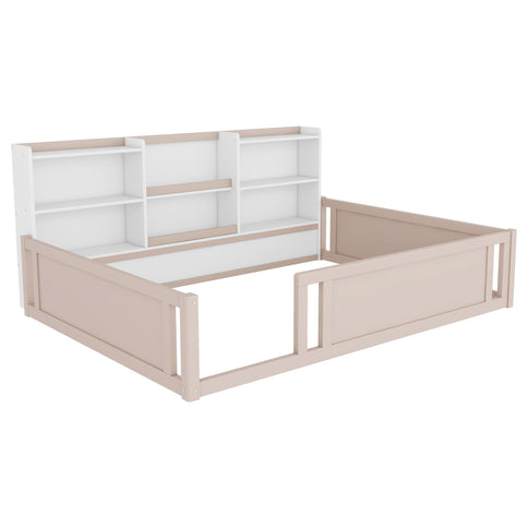 Platform Floor Bed With Guardrail Fence And Side Storage Shelves