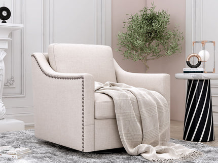360 Degree Swivel Armchair, Skin Friendly Fabric, Ergonomic Design, Brass Nail Decorative Armchair