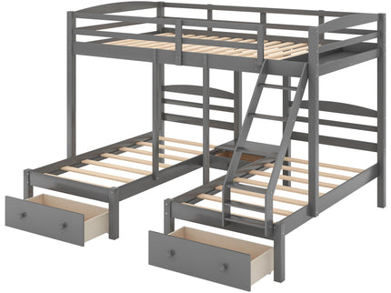Full Over Twin & Twin Bunk Bed, Triple Bunk Bed With Drawers - Gray