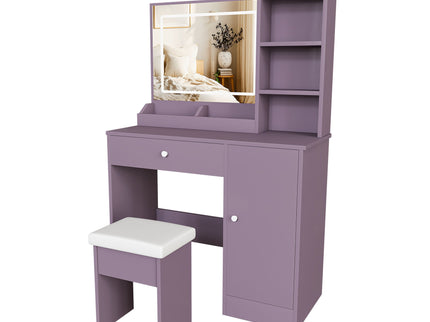 Vanity Desk Set With Padded Stool & Adjustable LED Mirror, 3 Color Mode Lighting, Compact For Bedroom - Purple