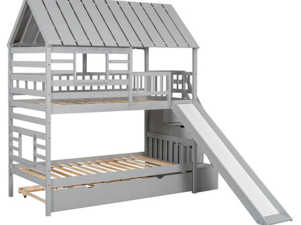 House Bunk Bed With Trundle, Storage Staircase, Roof And Window Design