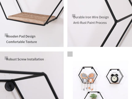 Wall Mounted Hexagonal Floating Shelves - Black (Set of 3) In Different Sizes, Modern Metal Wall Shelf, Simple Wood Partition Storage Shelves, Wall Decor Rack - Natural Wood