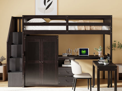 Loft Bed With Stairs, Bookshelf, Drawers, Desk & Wardrobe, Space Saving Multifunctional Furniture