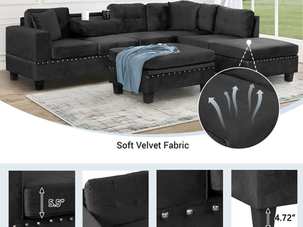 Modern Sectional Sofa With Storage Ottoman, L - Shape Couch With 2 Pillows And Cup Holders