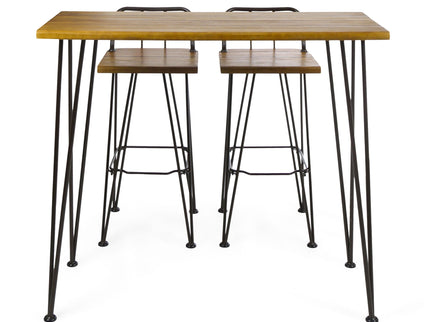 Dione Outdoor Industrial Acacia Wood Bar Set With Metal Frame And Slat Paneling - Brown
