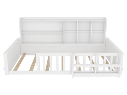 Platform Bed Frame With Guardrail, Storage Shelves & Bookshelf