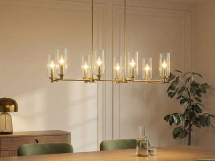 Willow - 8 Lights Island With Clear Ribbed Pendant Lamp Satin - Antique Brass / Clear / Gold