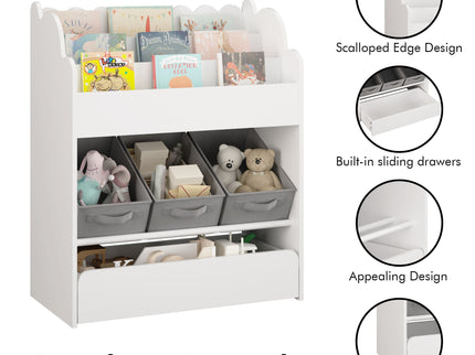 Bookshelf With Storage Bins And Drawer, Multi Functional Book Organizer For Toddlers - White