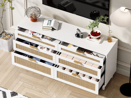 Rattan Dresser With 6 Drawers, Wooden Legs & Metal Handle
