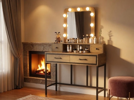 Vanity Desk With 3 Color Lighted Mirror And 4 Drawers