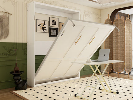 Queen Size Wall Mounted Murphy Bed With Manual Height Adjustable Desk, Cabinet & Frame & Computer Desk - White