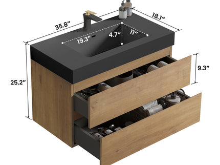Alice - Natural Oak Bathroom Vanity With Sink, Large Storage Wall Mounted Floating Bathroom Vanity For Modern Bathroom, One-Piece Sink Basin Without Drain