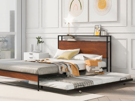 Platform Bed Frame With Trundle, USB Ports And Slat Support, No Box Spring Needed