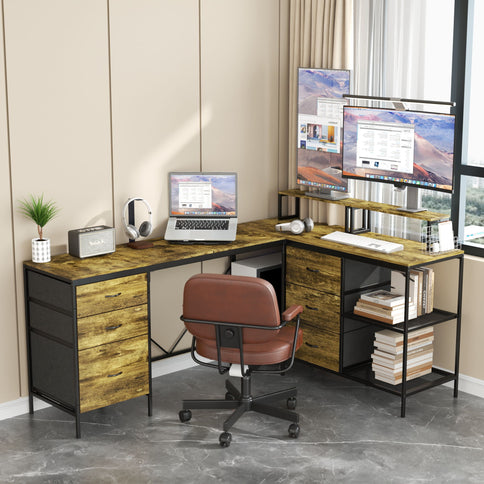Industrial L Shaped Computer Desk With Power Outlets & USB-C, 6 Fabric Drawers, 3 Open Shelves, Movable Monitor Stands - Brown