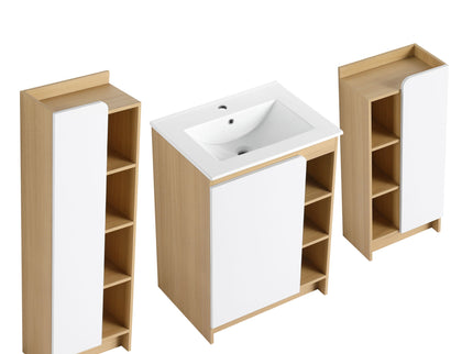 24" Bathroom Vanity With Sink & Tall And Low Side Cabinets, Vanity Set With Thin Edge Sink & Interchangeable Door Panels, 3 Piece Bathroom Storage Set - Black / Light Oak / White
