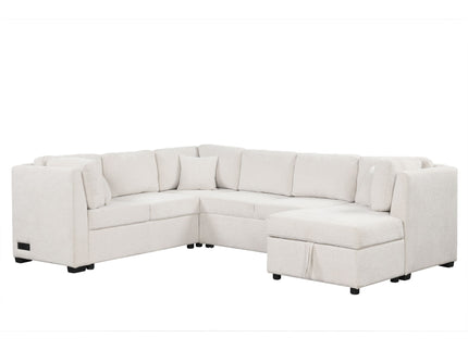 U-Shaped Sectional Sofa Pull Out Sofa Bed With Two USB Ports, Two Power Sockets, Three Back Pillows And A Storage Chaise For Living Room