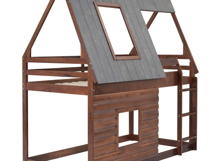 Wood Twin Size House Bunk Bed With Roof, Ladder And 2 Windows - Oak & Smoky Gray
