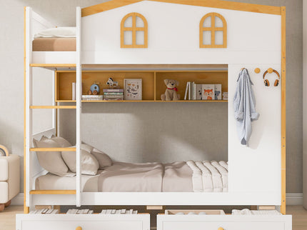 Bunk Bed With House Shaped Guardrails, Storage Shelves, And Trundle