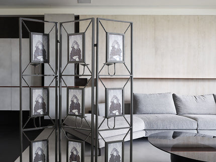 Room Photo Frames Screen Divider Screens, 3 Panel Decorative Screen With Photo Frames, Antique Mirror, Candle Stick - Black