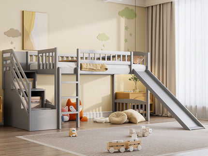 Loft Stairway Bed With 2 Drawers, Convertible Ladder And Slide