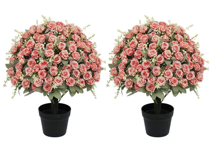 Artificial Rose Decoration With UV Resistant Silk Petals, Durable Stems In Cement Pot, Indoor Outdoor Potted Floral Arrangement - Green / Pink