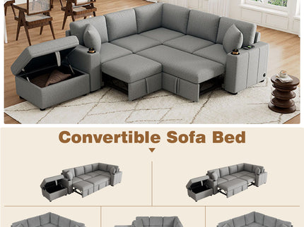 Sectional Sofa Convertible Pull-Out Sofa Bed With A Movable Storage Ottoman For Living Room
