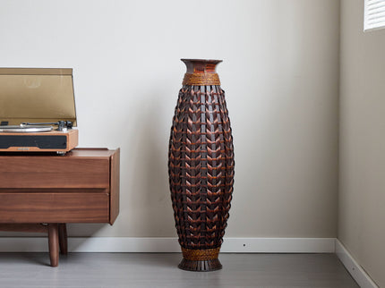 Hand Woven Bamboo Floor Vase, Decorative Accent For Living Room - Acacia Wood