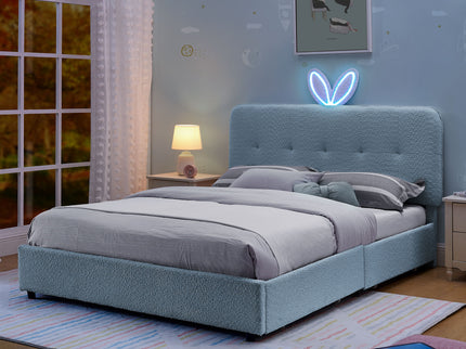 Upholstered Bed With Oversized Rabbit Ear Headboard, LED Lights & 4 Storage Drawers