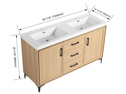 Original 60" Freestanding Bathroom Vanity With Double Resin Sink Plywood Soft Closing Doors & Drawers - Oak