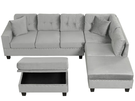 Modern Sectional Sofa With Storage Ottoman, L - Shape Couch With 2 Pillows And Cup Holders