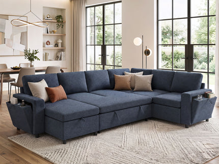 U - Shaped Convertible Sectional Sofa Bed With Storage, USB Charger & Cup Holders