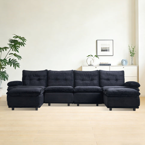 Upholstery Modular Sectional Sofa , 4 Seater With 2 Ottomans For Living Room - Black