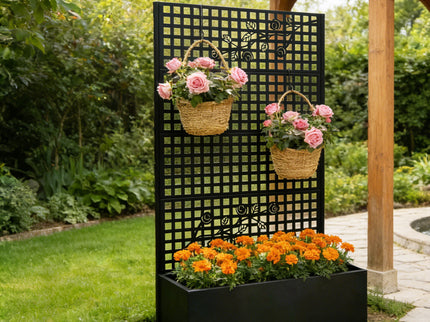Planter Box With Trellis, Outdoor Raised Garden Bed With Privacy Screen Lattice Panels For Patio - Black
