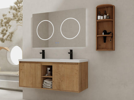 48" Wall Mounted Bathroom Vanity With Double Resin Sink And Storage Rack Soft Close Doors Plywood Construction - Imitative Oak