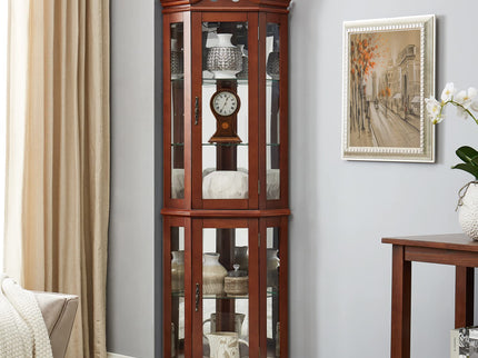 Corner Curio Cabinet With Lights, Adjustable Tempered Glass Shelves, Display Cabinet (E26 Light Bulb Not Included) - Mirrored / Walnut