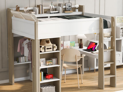 Loft Bed With Built In Storage Shelves, Clothes Rail, And Desk