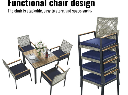 5 Piece Patio Dining Table Set, Acacia Wood Table Top With Umbrella Hole