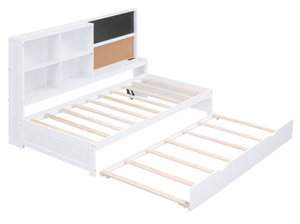 Twin Size Daybed With Storage Shelvesboard, Cork Board, USB Ports And Trundle - White